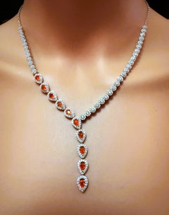 New 3.5 Carat Orange Opal & Diamond Cut 14k W Gold PL Sapphire Sterling Necklace