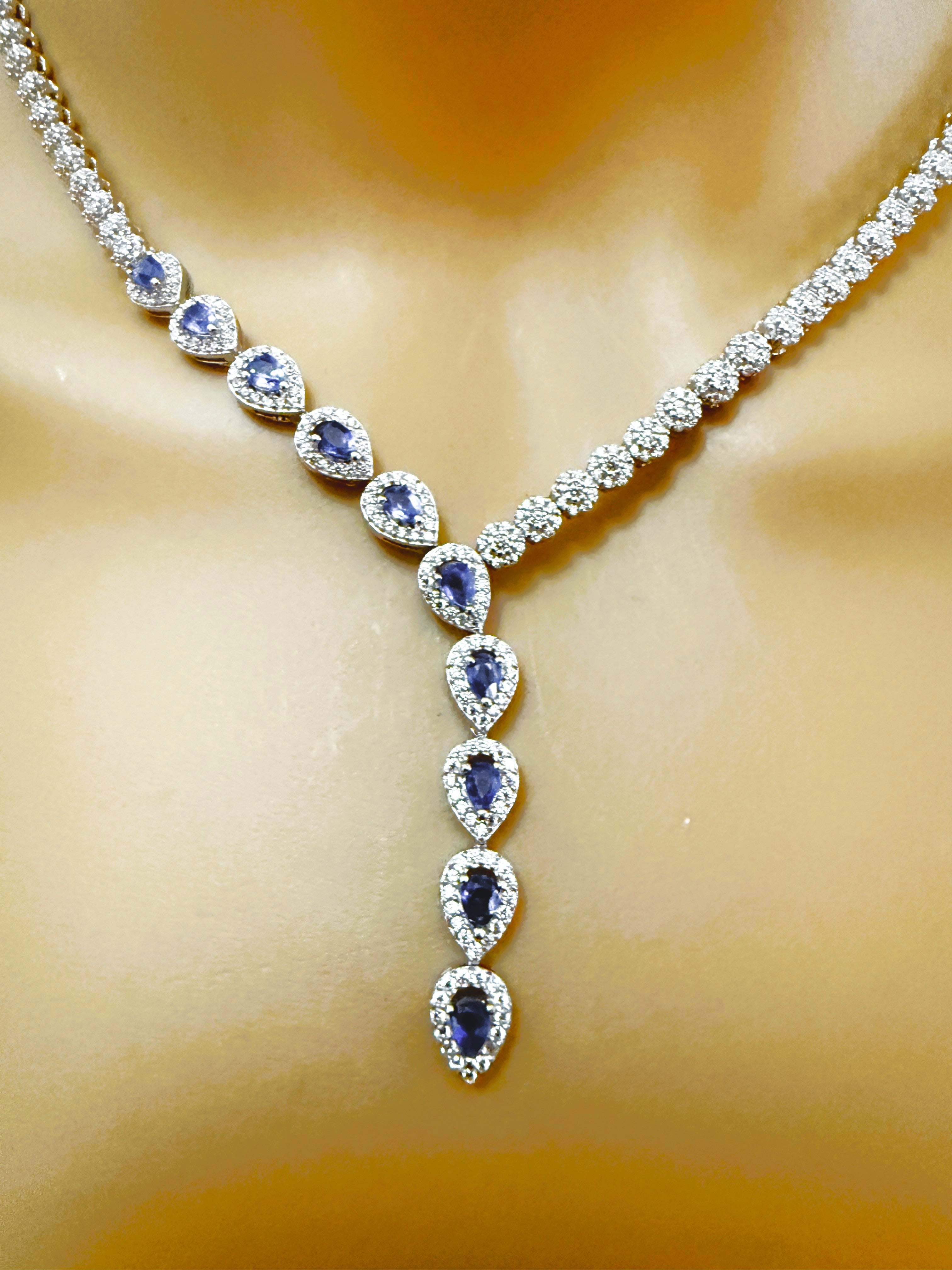 New 14k White Gold PL 10-Stone Kyanite 
Diamond Cut Sapphire Sterling Necklace For Sale