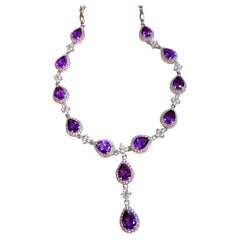 New 15 Carat Amethyst & Sapphire 14k White Gold PL Sterling Necklace 18"