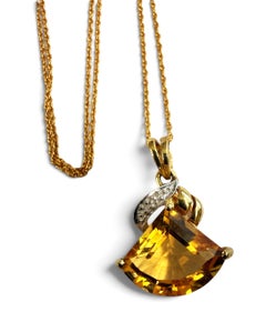 10k Yellow Gold 4.5 Carat Trillion Cut Citrine & Diamond Pendant on 14k Chain