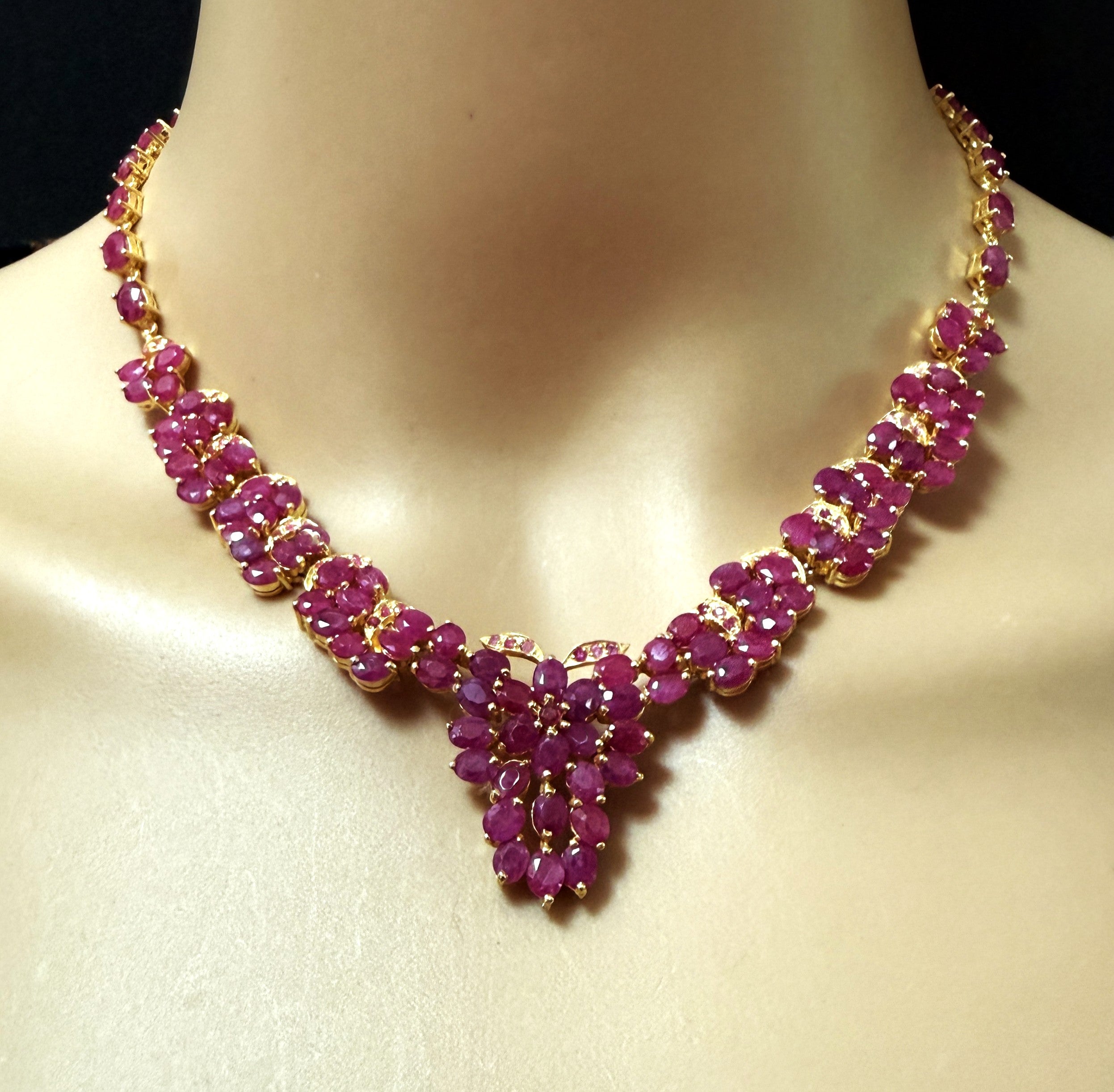 New 21 Carat Oval Cut Ruby 14k Yellow Gold Plated Sterling Silver Necklace