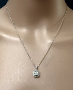 14K White Gold .82 Princess Cut Diamond Halo & Bail Pendant Necklace 18"