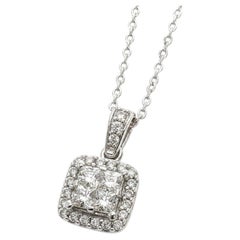 14K White Gold .82 Princess Cut Diamond Halo & Bail Pendant Necklace 18"