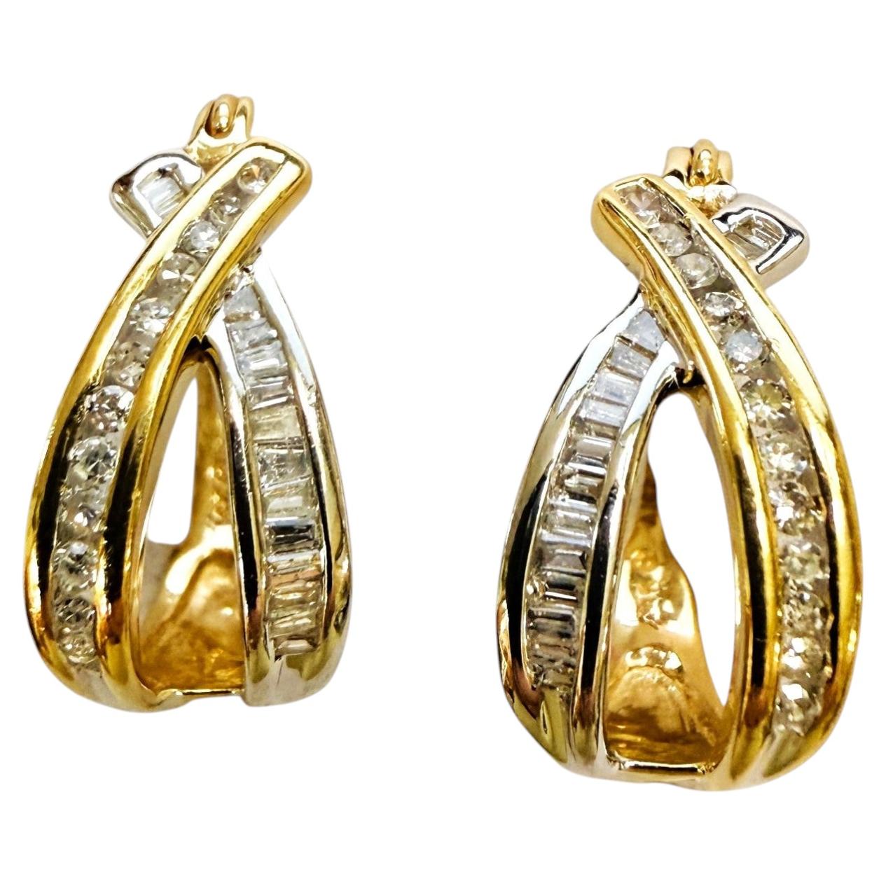 14k Gold Two Tone .40 Carat Diamond Crossover Hoop Earrings