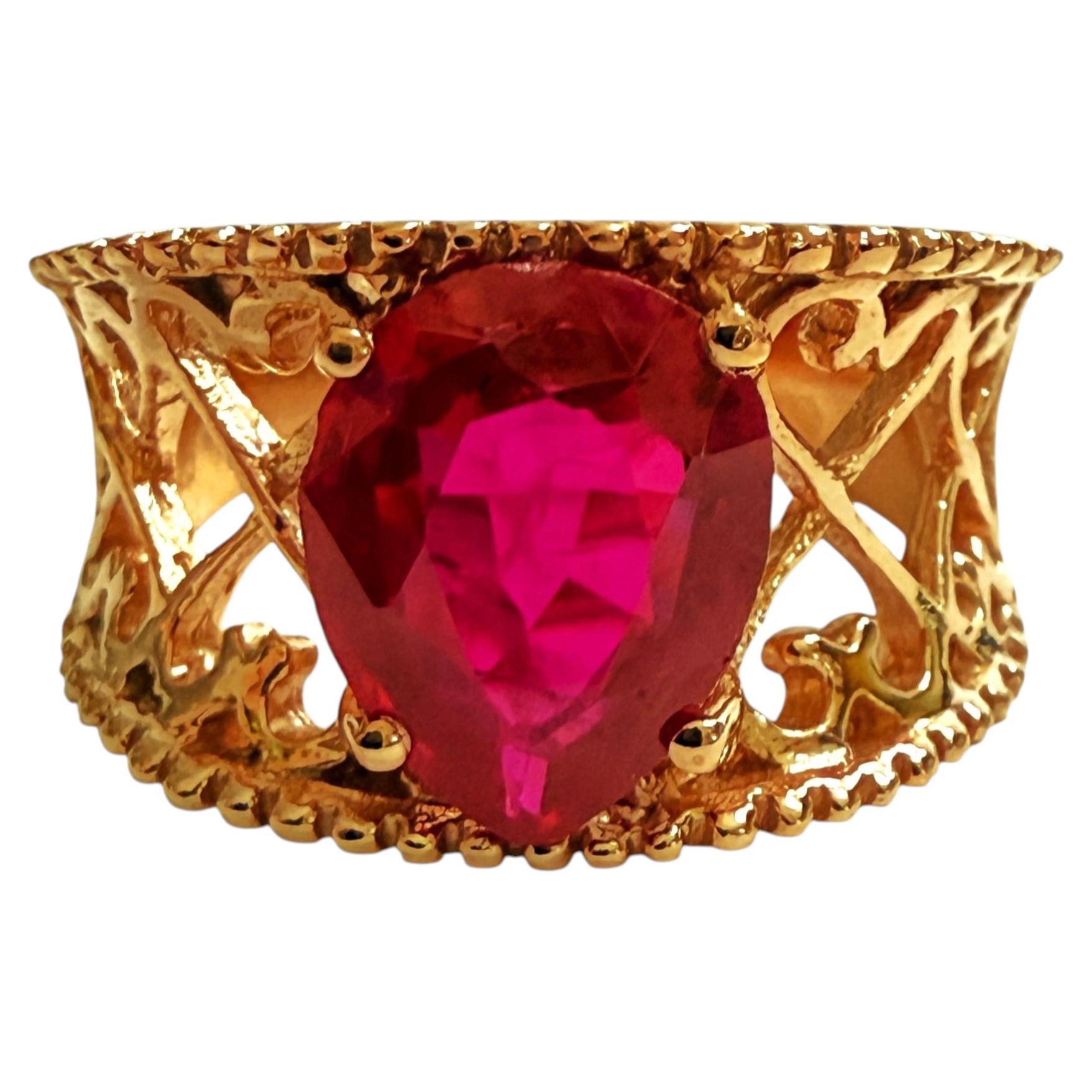New 3.35 Carat Pear Cut Red Sapphire Rose Gold Plated Sterling Ring For Sale