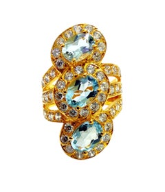 New 2.76 Carat Aquamarine & Sapphire Yellow Gold Plated Sterling Ring