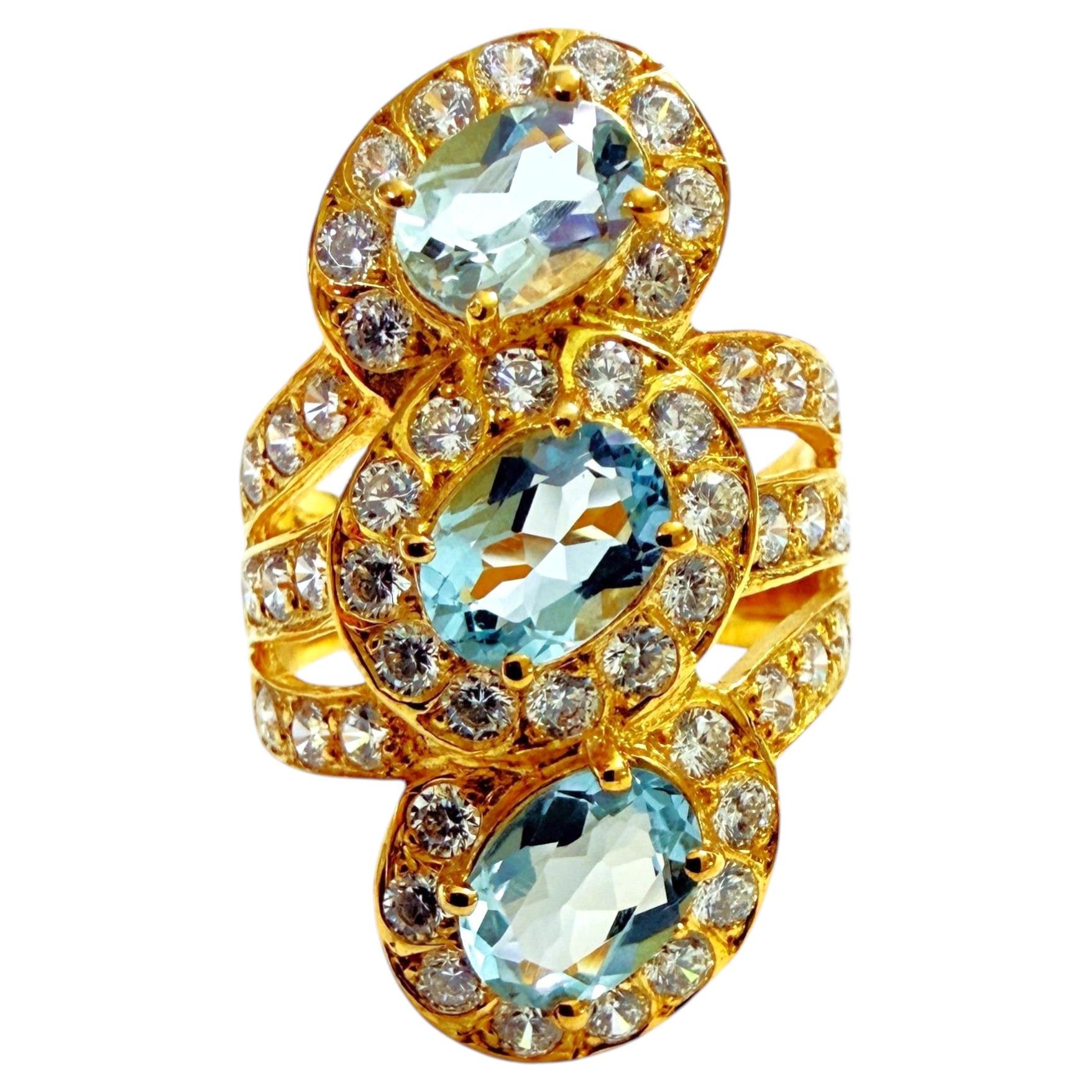 New 2.76 Carat Aquamarine & Sapphire Yellow Gold Plated Sterling Ring