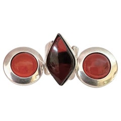 Modernist Handmade Carnelian Agate Sterling Ring and Earring Set