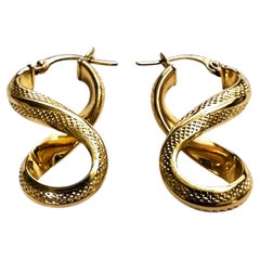 18k Yellow Gold Textured & High Gloss Crossover Hoop Earrings