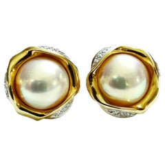 14k Yellow Gold .10 Carat Diamond & Mabe Pearl Earrings w Omega Backs