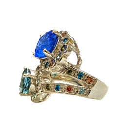 New 5.5 Carat Green Tourmaline & Blue Topaz & Sapphire Sterling Ring