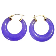14k Yellow Gold Purple Jade Hoop Earrings 1.25 Inches