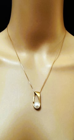 14K Yellow Gold Freshwater Pearl Abstract Modernistic Slider Necklace 18"