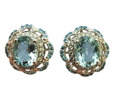 New 5.40 Carat Aquamarine & Sapphire Sterling Ribbon Halo Earrings