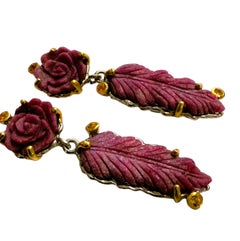 New Leaf Carved Red Ruby 14k Yellow & White Gold PL Sterling Silver Earrings