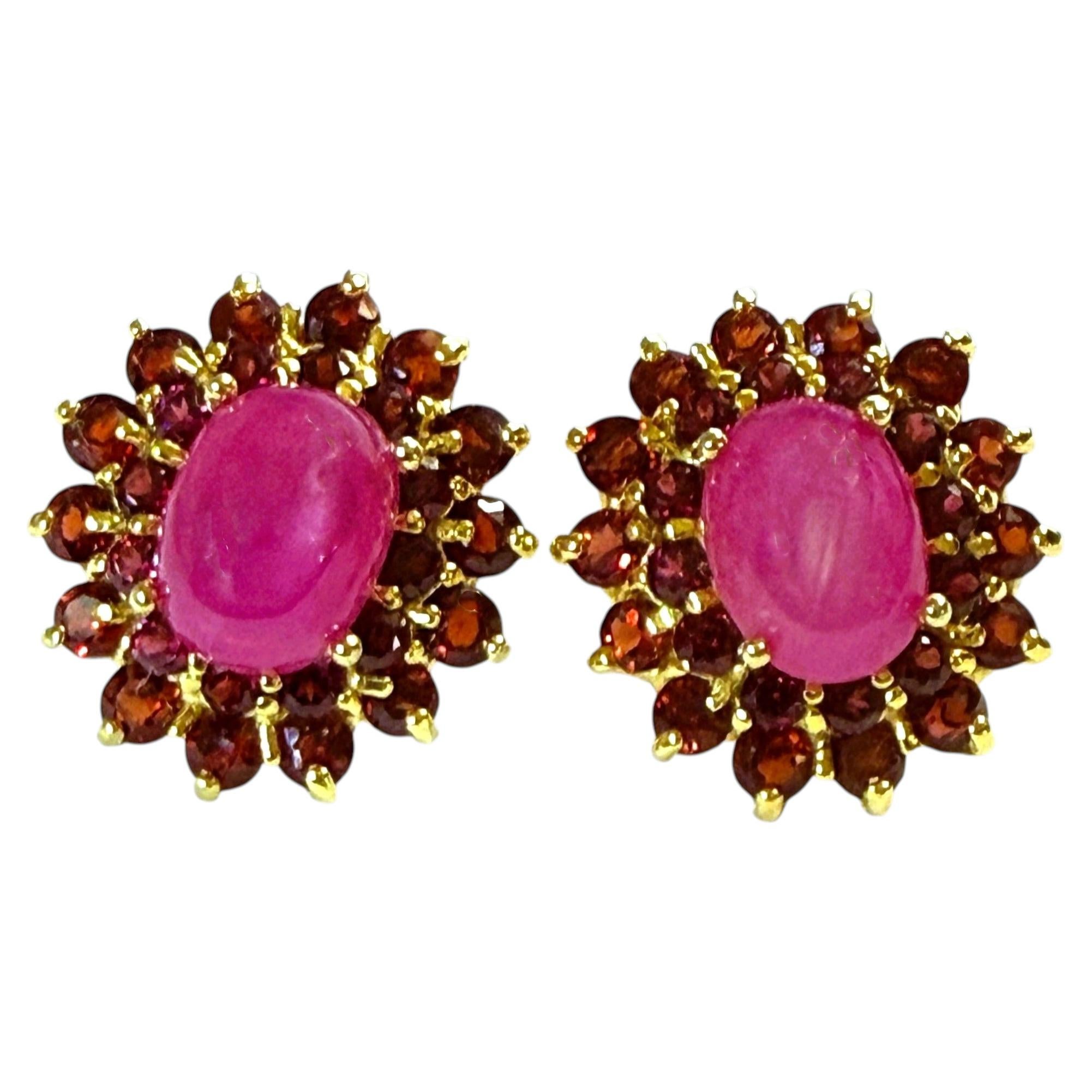 New 6.09 Carat Red Ruby Cabochon & Oval Cut Ruby 14k Y Gold PL Sterling Earrings