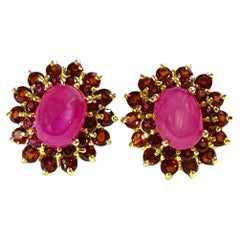 New 6.09 Carat Red Ruby Cabochon & Oval Cut Ruby 14k Y Gold PL Sterling Earrings