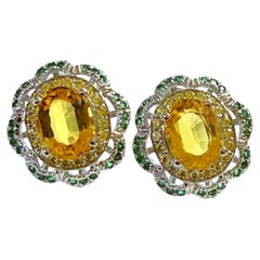 New 5.40 Carat Yellow Sapphire & Tsavorite Sterling Ribbon Halo Earrings