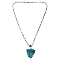 New 48 Carat Trillion Cut Swiss Blue Topaz 14k White Gold PL Sterling Necklace