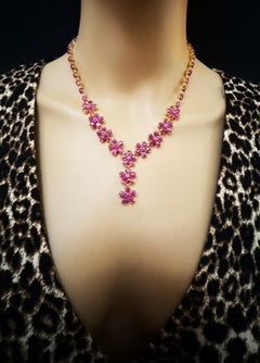 New 38.62 Carat Ruby Flower 14k Yellow Gold Plated Sterling Silver Necklace