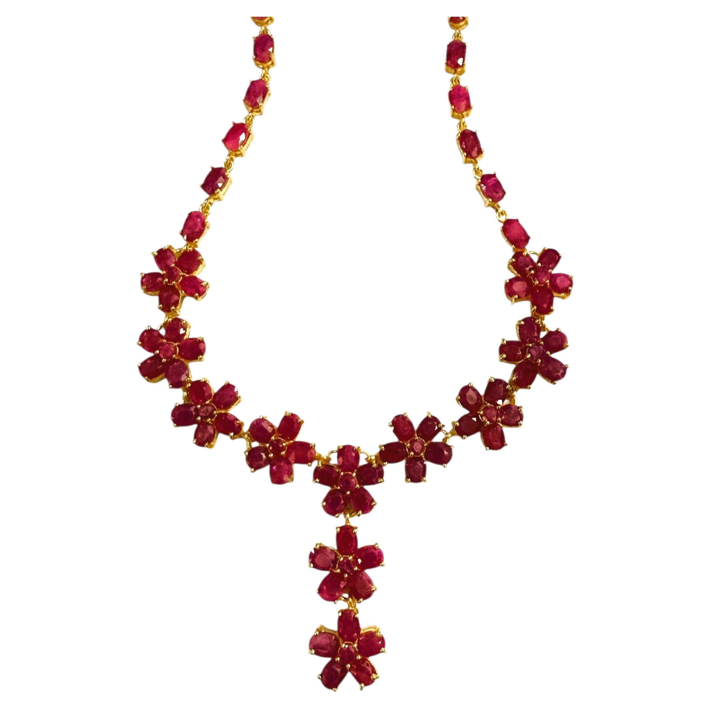 New 38.62 Carat Ruby Flower 14k Yellow Gold Plated Sterling Silver Necklace For Sale