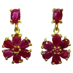 New 4.12 Carat Red Ruby 14k Yellow Gold PL Sterling Drop Earrings