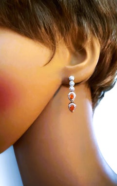 New 14k Whit Gold PL 1 Carat Orange Opal & Diamond Cut Sapphire Sterling Earring