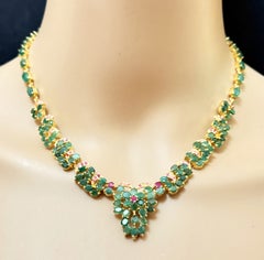 New 11.05 Carat Emerald & .1 Ruby 14k Yellow Gold PL Sterling Necklace