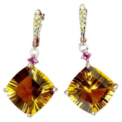 New 28 Carat Citrine & Sapphire 14k White Gold PL Sterling Earrings