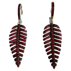 New 1.4 Carat Ruby Pave Leaf 14k White Gold Plated Sterling Earrings