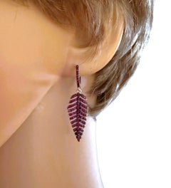 New 1.4 Carat Ruby Pave Leaf 14k White Gold Plated Sterling Earrings