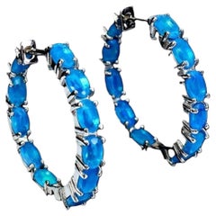 New 4.62 Carat Ethiopian Blue Opal Hoop 14k W Gold PL Sterling Silver Earrings