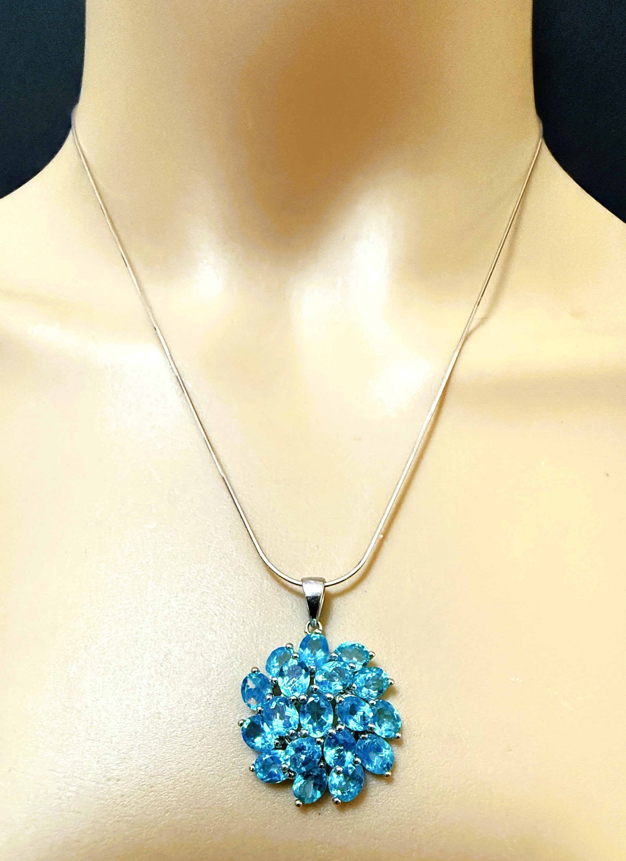 New 6.3 Carat Paraiba Blue Topaz 14k White Gold PL Sterling Necklace 18 ...