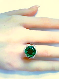 New 8.10 Carat Forest Green Tourmaline & Diamond Cut Sapphire 925 Sterling Ring