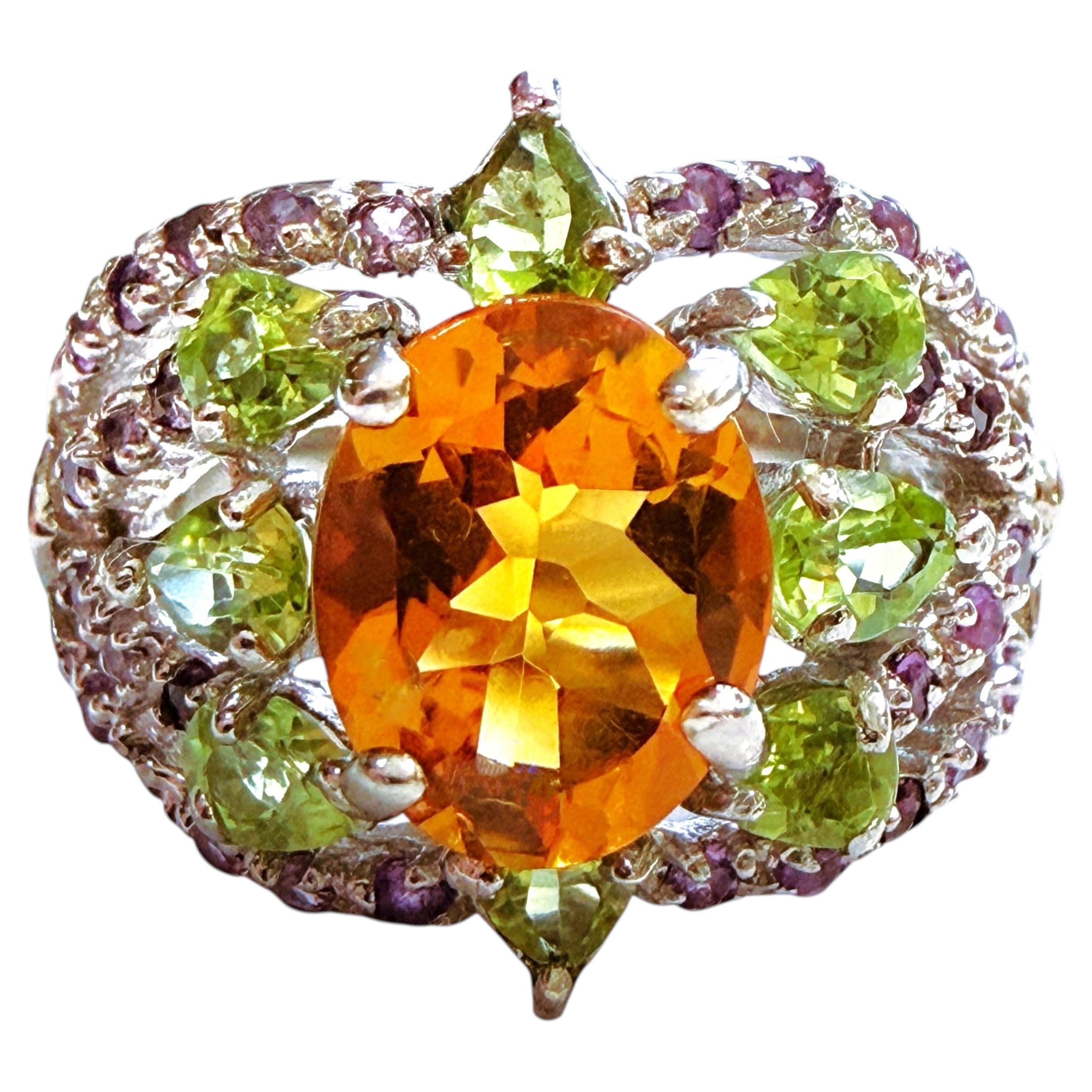 New 2.54 Carat Citrine, Peridot & Sapphire Sterling Ring Size 7