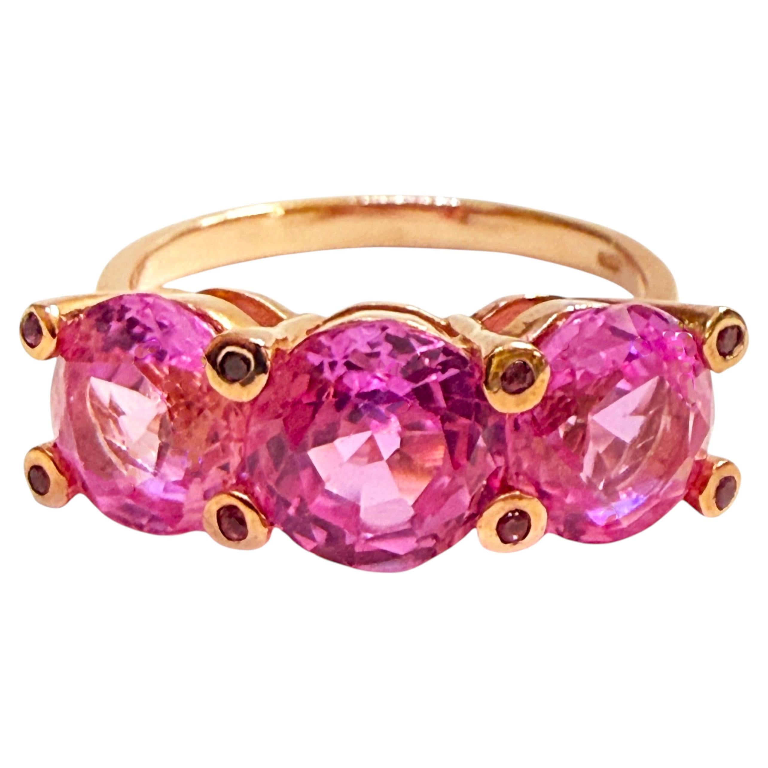 New 5.81 Carat 3 Stone Pink Sapphire Rose Gold Plated Sterling Ring Size 7.25