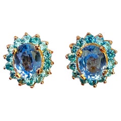 New 5.15 Carat Cornflower & Aqua Sapphire Rose Gold PL Sterling Halo Earrings