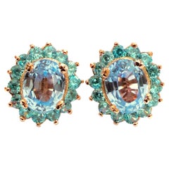 New 5.15 Carat Cornflower & Aqua Sapphire Rose Gold PL Sterling Halo Earrings