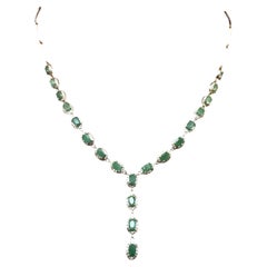 New 4.2 Carat Oval Cut Emerald & White Sapphire 14k W Gold PL Sterling Necklace