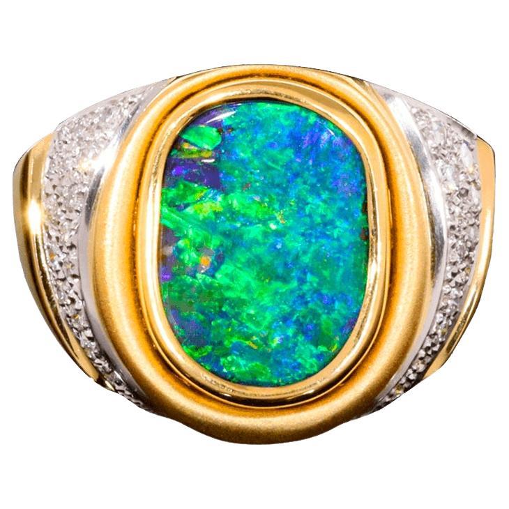 Australian 6.35ct Boulder Opal, Diamond, 18K Gold & Platinum Ring For Sale