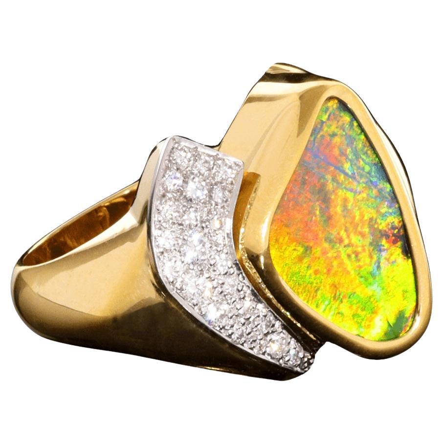 Australian 6.95ct Boulder Opal, Diamond, 18K Gold & Platinum Ring For Sale