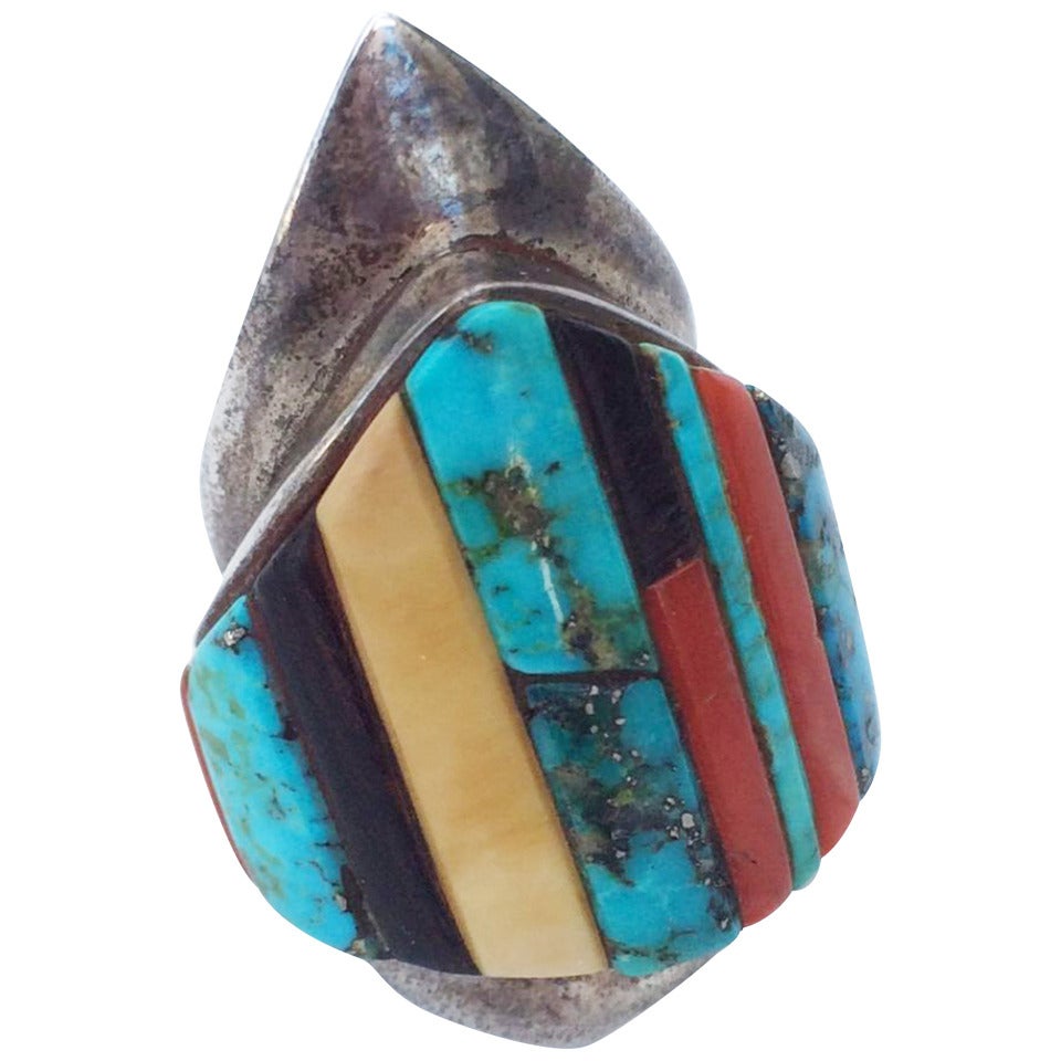 1970s Charles Loloma Silver Inlay Shield Ring For Sale at 1stdibs