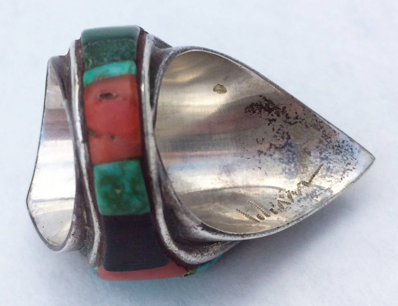 1970s Charles Loloma Silver Inlay Shield Ring For Sale at 1stdibs
