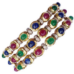 Yellow Gold Ruby Emerald Sapphire Diamond Bracelet
