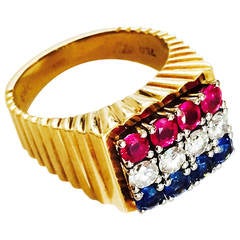 1940s Retro Patriotic Ruby Sapphire Diamond Gold Ring