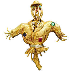 Charming Mid-Century Gem-Set Gold Scarecrow Brooch