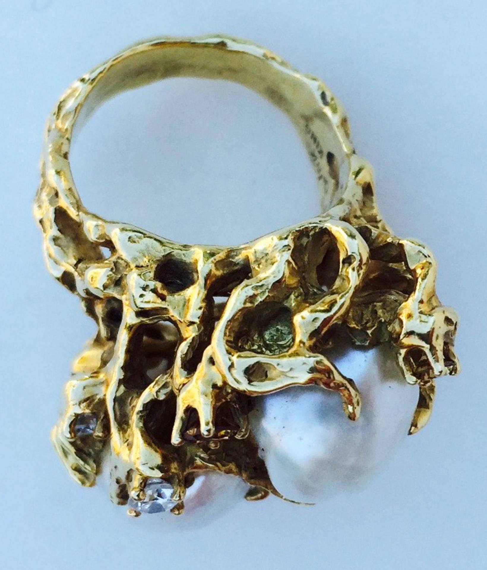 Modern Arthur King Yellow Gold Pearl Diamond Cocktail Ring