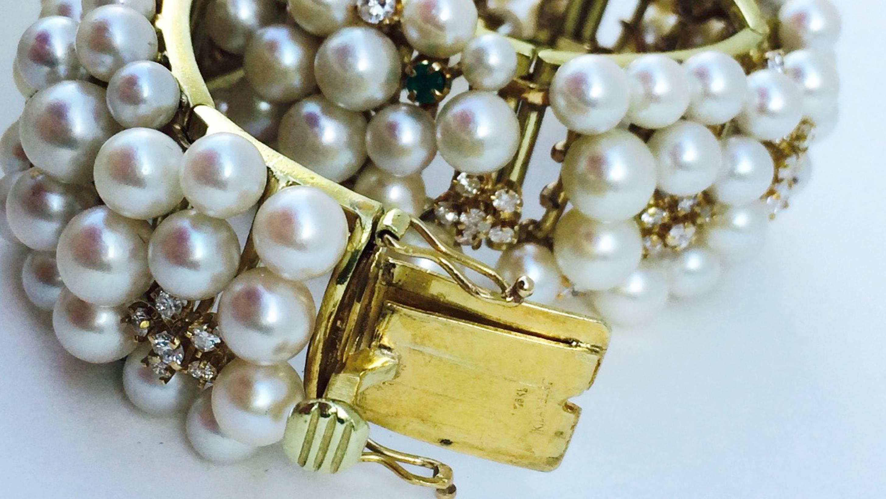 Mid-Century Pearl Emerald Diamond Gold Cuff Bracelet In Excellent Condition In Phoenix, AZ