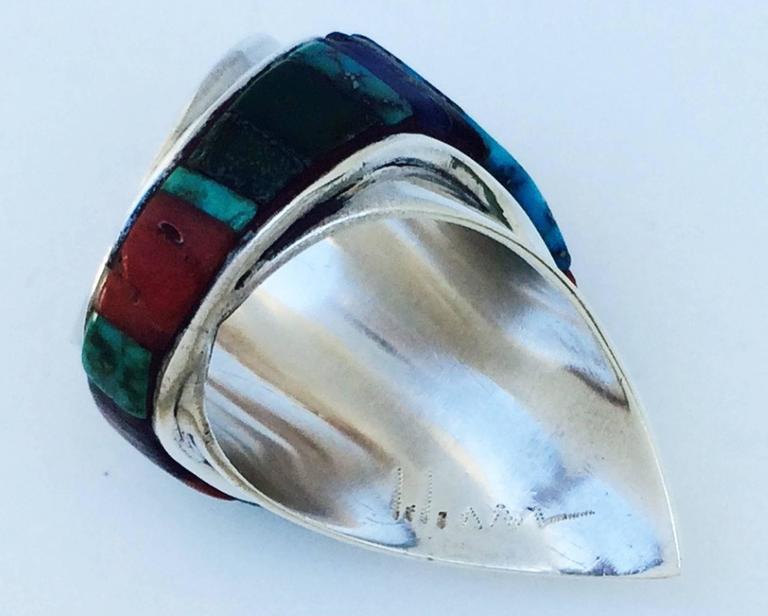 1970s Early Charles Loloma Silver Inlay Shield Ring at 1stDibs