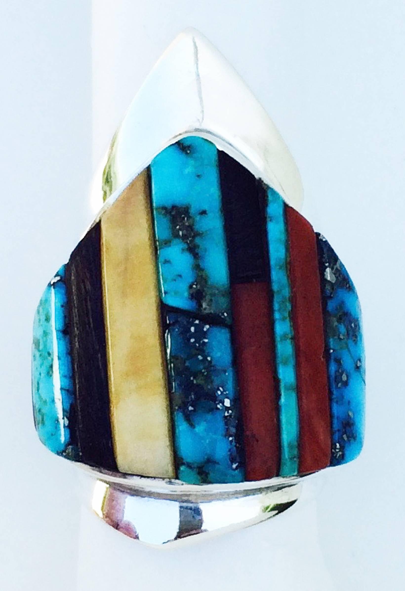 1970s Early Charles Loloma Silver Inlay Shield Ring In Excellent Condition In Phoenix, AZ